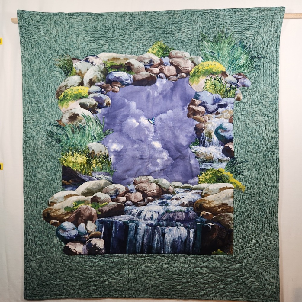 Handmade‎ Quilted Wall Hanging Waterfall Nature Scene Hummingbird Fiber Art